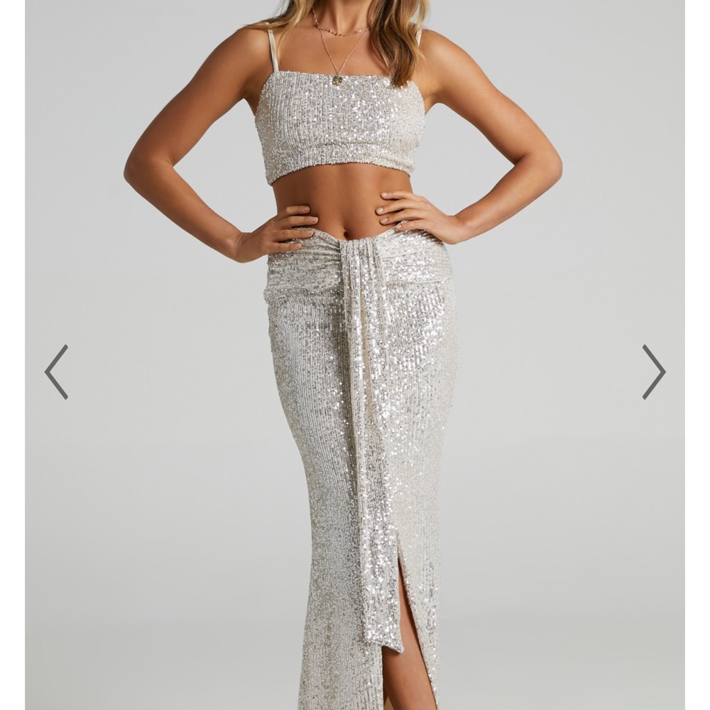 Showpo Amae square neck drape 2 pc set in champagne sequins